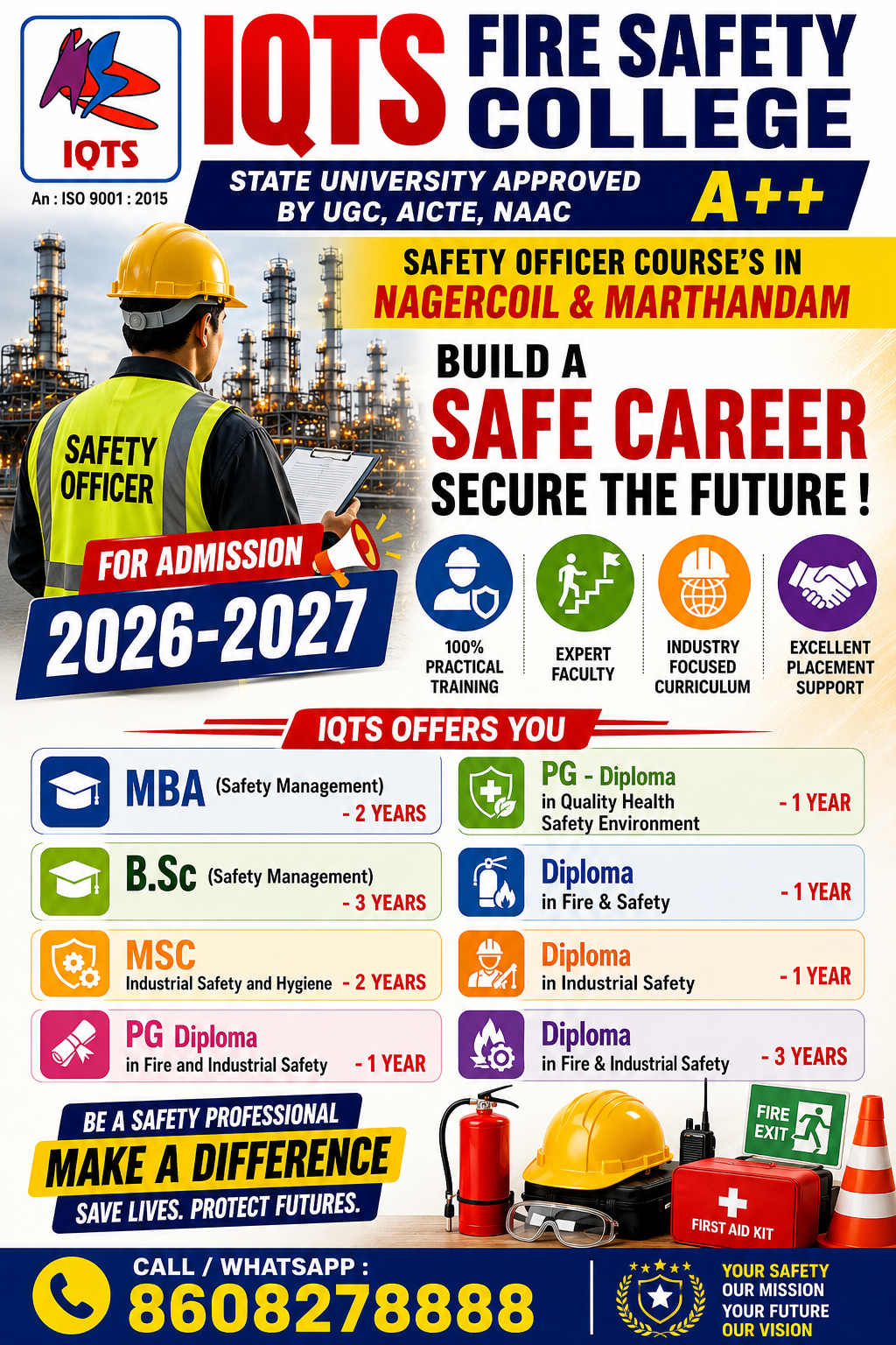 IQTS fire and safety college campus banner in Nagercoil and Marthandam
