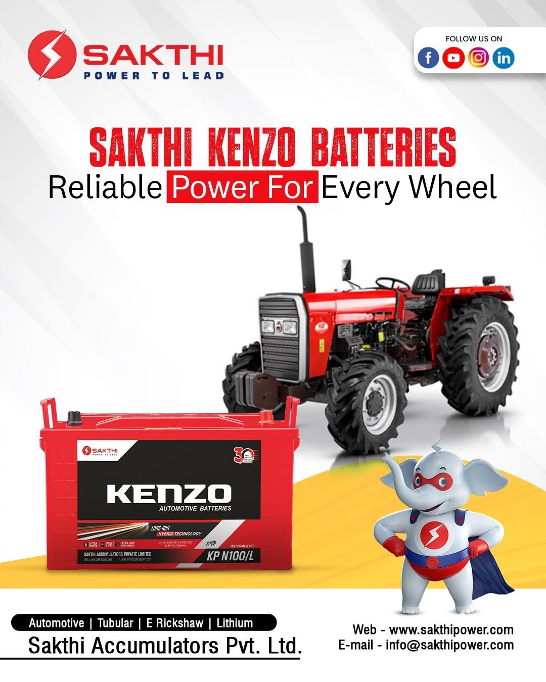 Sakthi Kenzo automotive battery range for passenger cars, trucks, and tractors