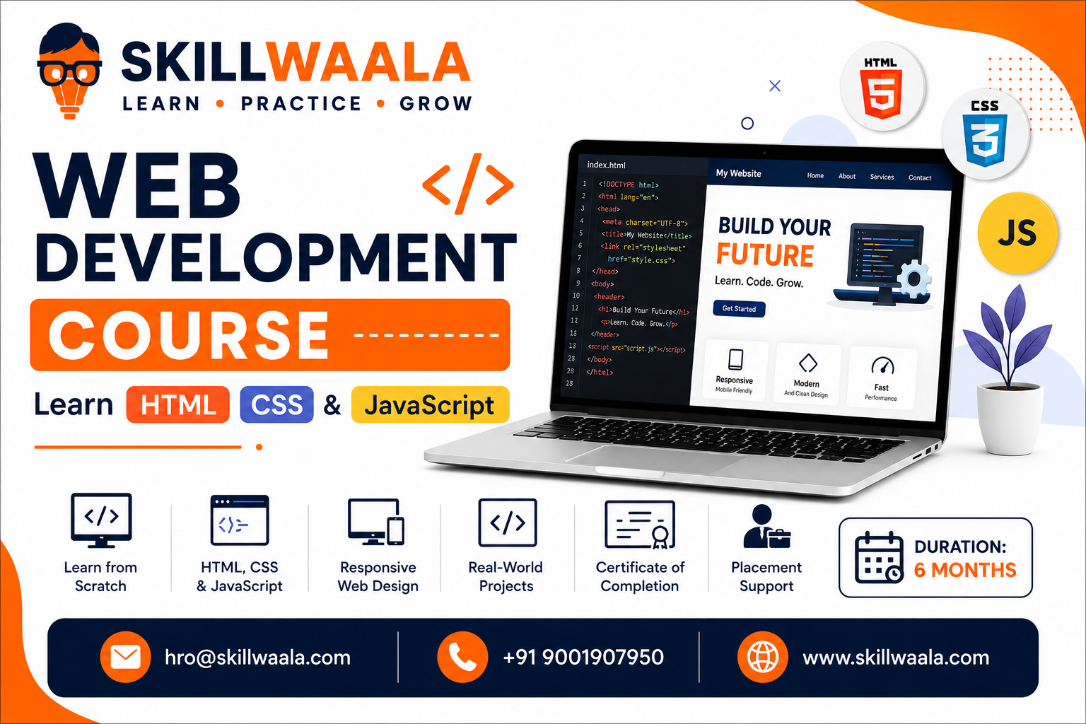 SkillWaala web development course with HTML CSS and JavaScript code snippets