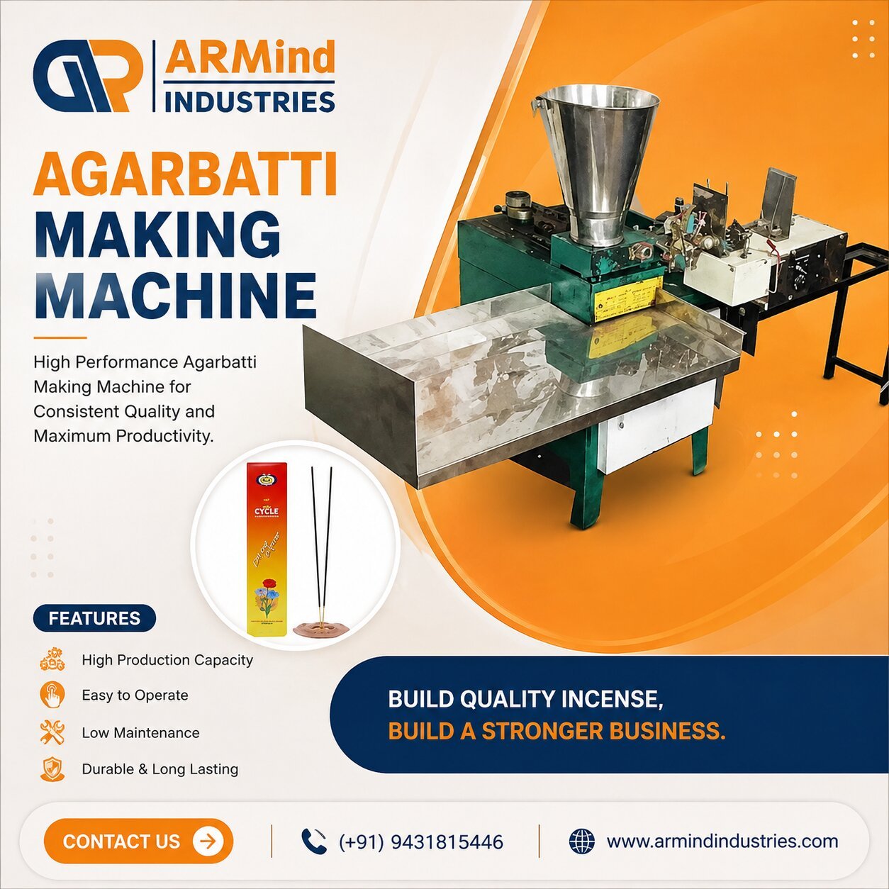 Fully automatic agarbatti making machine with heavy duty SS MS frame by Armind Industries Patna
