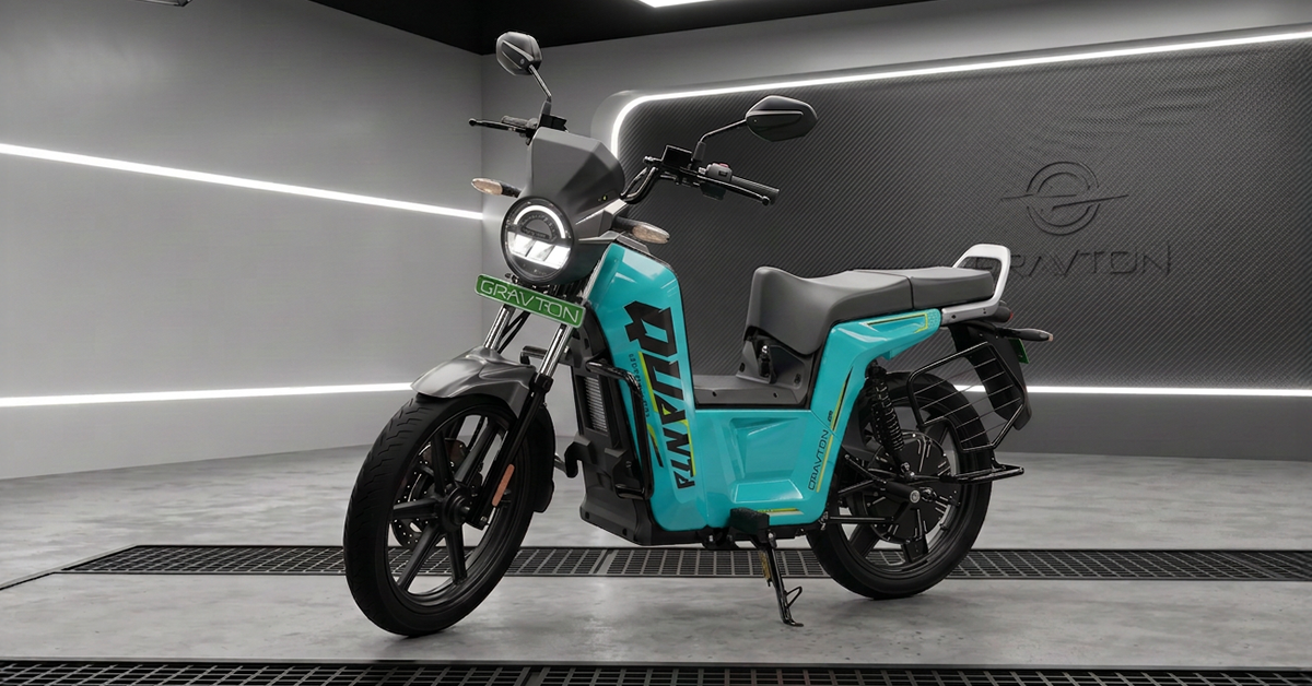 Gravton Quanta flagship electric motorcycle side profile view showing rugged rib caged chassis