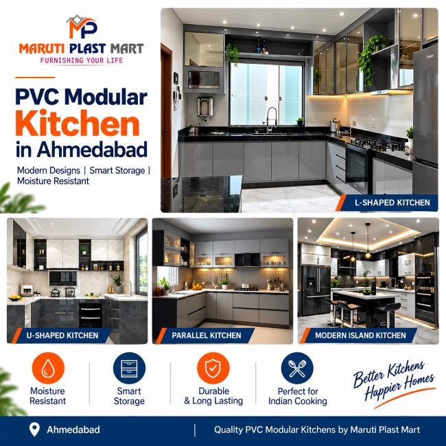 Modern dual-tone PVC modular kitchen designed by Maruti Plast in Ahmedabad featuring white overhead