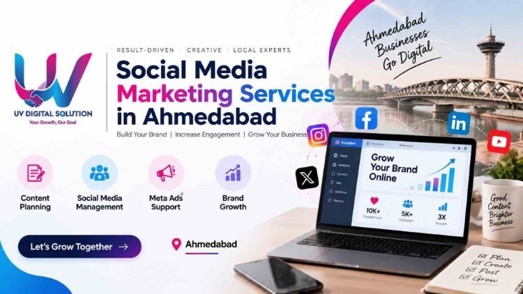 UV Digital Solution team developing localized social media marketing strategy in Ahmedabad office